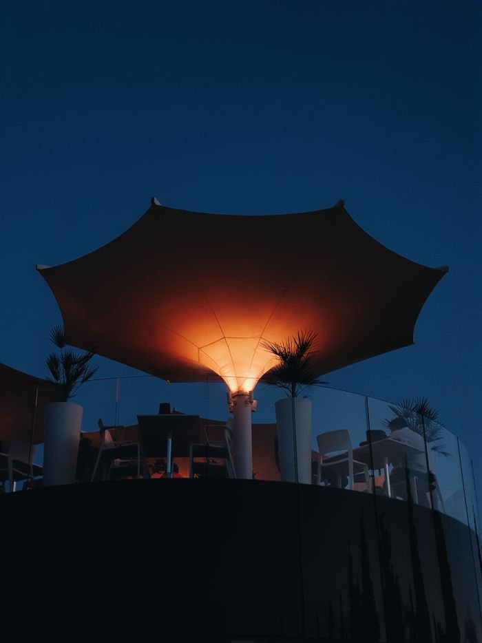 Restaurant Outdoor Terrace Against Evening Sky 12490291